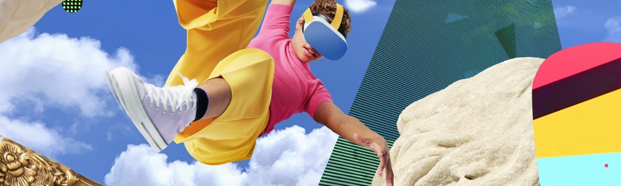 Banner image with Collage of woman falling through the metaverse